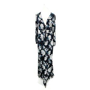 New Flynn Skye Long Sleeve Maxi Dress Womens M Black Blue Silver Roses Tie Front